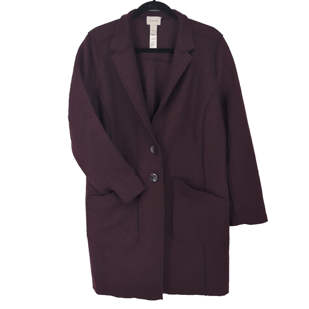 Chicos Wool Blend Jacket Size 2 = US Large Red Violet 2 Button Collared Pockets
